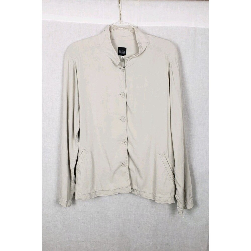 Eileen Fisher Shirt Shacket Large Button Front Beige Tan Casual Gorpcore Outdoor